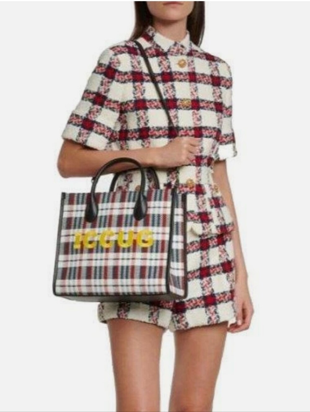 Gucci Multicolor Check "ICCUG" Logo Raffia Tote Bag - Picture 4 of 16